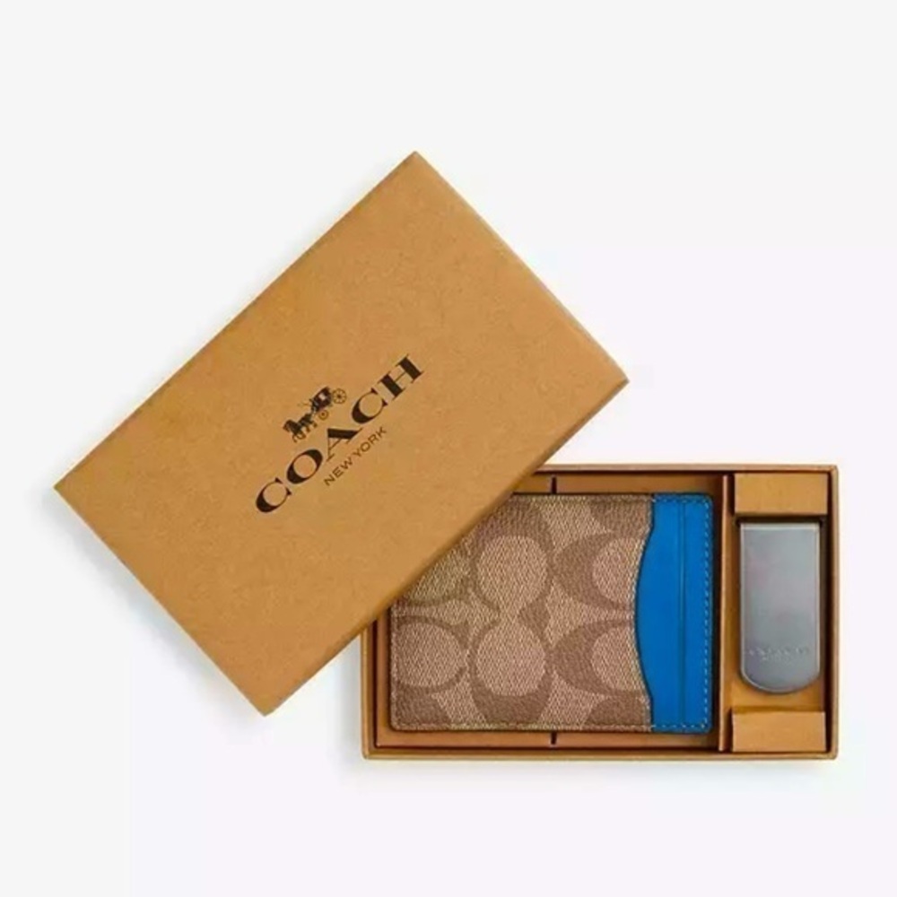 NWT Coach Boxed 2 in 1 Wallet Gift Set Color Block Khaki/blue Signature Canvas